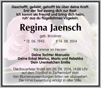 Traueranzeige von Regina Jaensch von Mitteldeutsche Zeitung Bitterfeld