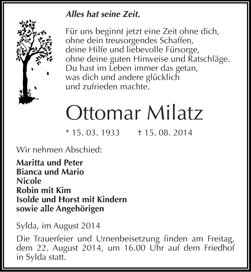  Traueranzeige für Ottomar Milatz vom 19.08.2014 aus Mitteldeutsche Zeitung Mansfelder Land