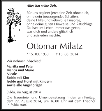 Traueranzeige von Ottomar Milatz von Mitteldeutsche Zeitung Mansfelder Land