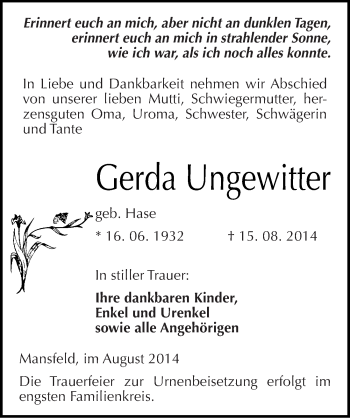 Traueranzeige von Gerda Ungewitter von Mitteldeutsche Zeitung Mansfelder Land