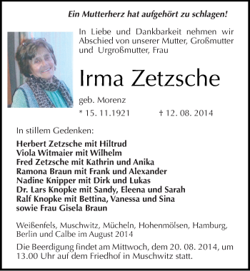 Traueranzeige von Irma Zetzsche von Mitteldeutsche Zeitung Weißenfels