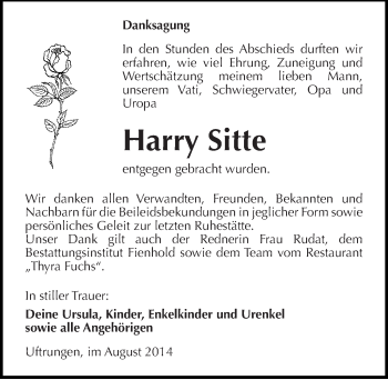 Traueranzeige von Harry Sitte von Mitteldeutsche Zeitung Sangerhausen