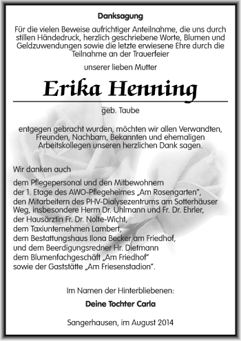 Traueranzeige von Erika Henning von Mitteldeutsche Zeitung Sangerhausen