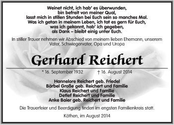 Traueranzeige von Gerhard Reichert von Mitteldeutsche Zeitung Köthen