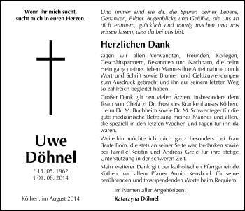 Traueranzeige von Uwe Döhnel von Mitteldeutsche Zeitung Köthen