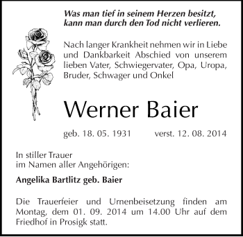 Traueranzeige von Werner Baier von Mitteldeutsche Zeitung Köthen