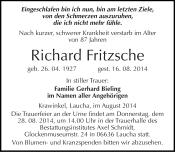 Traueranzeige von Richard Fritzsche von Mitteldeutsche Zeitung Naumburg/Nebra