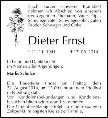 Traueranzeige von Dieter Ernst von Mitteldeutsche Zeitung Bernburg