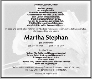 Traueranzeige von Martha Stephan von Mitteldeutsche Zeitung Naumburg/Nebra