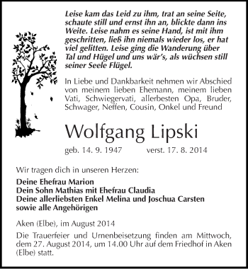 Traueranzeige von Wolfgang Lipski von Mitteldeutsche Zeitung Köthen