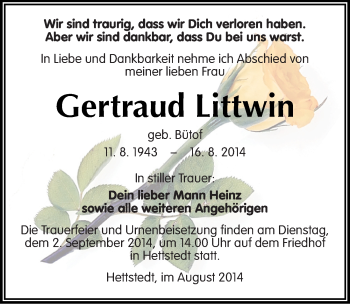 Traueranzeige von Gertraud Littwin von Mitteldeutsche Zeitung Mansfelder Land