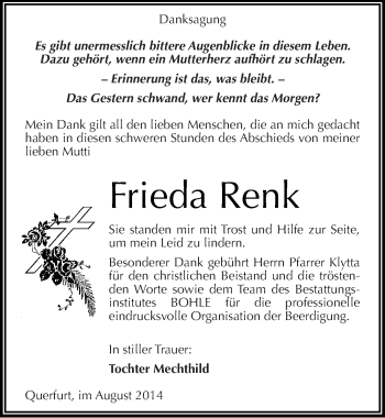 Traueranzeige von Frieda Renk von Mitteldeutsche Zeitung Merseburg/Querfurt