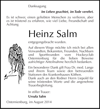Traueranzeige von Heinz Salm von Mitteldeutsche Zeitung Köthen