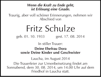 Traueranzeige von Fritz Schulze von Mitteldeutsche Zeitung Naumburg/Nebra