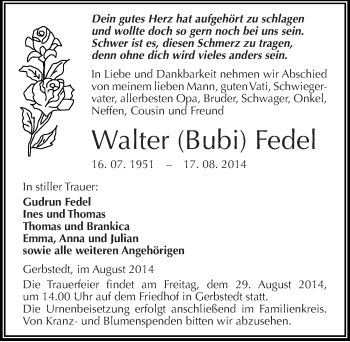 Traueranzeige von Walter (Bubi) Fedel von Mitteldeutsche Zeitung Mansfelder Land