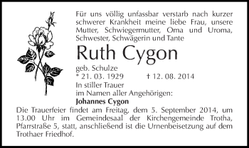 Traueranzeige von Ruth Cygon von Mitteldeutsche Zeitung Halle/Saalkreis
