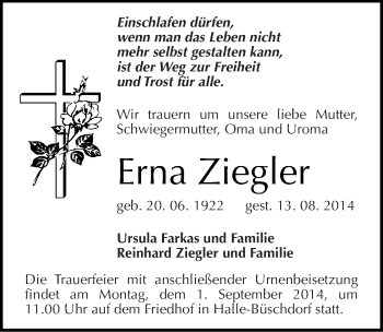 Traueranzeige von Erna Ziegler von Mitteldeutsche Zeitung Halle/Saalkreis