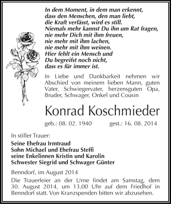 Traueranzeige von Konrad Koschmieder von Mitteldeutsche Zeitung Mansfelder Land