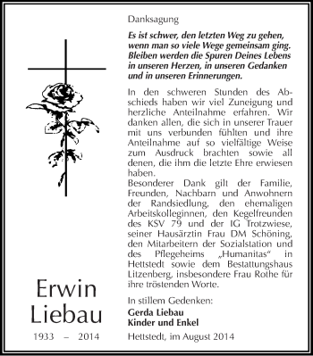 Traueranzeige von Erwin Liebau von Mitteldeutsche Zeitung Mansfelder Land
