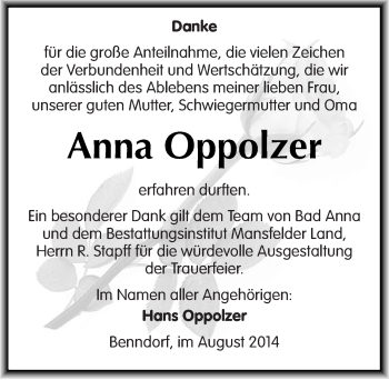 Traueranzeige von Anna Oppolzer von Mitteldeutsche Zeitung Mansfelder Land