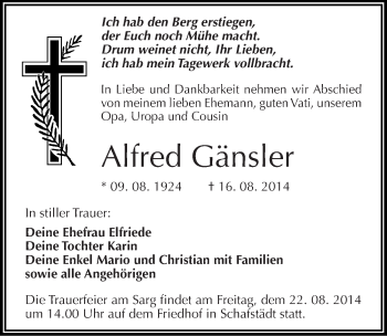 Traueranzeige von Alfred Gänsler von Mitteldeutsche Zeitung Merseburg/Querfurt
