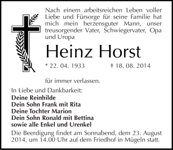 Traueranzeige von Heinz Horst von Mitteldeutsche Zeitung Wittenberg
