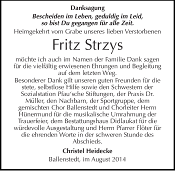 Traueranzeige von Fritz Otto Strzys von Mitteldeutsche Zeitung Quedlinburg