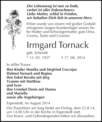 Traueranzeige von Irmgard Tornack von Mitteldeutsche Zeitung Merseburg/Querfurt