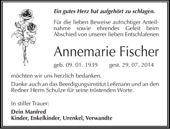 Traueranzeige von Annemarie Fischer von Mitteldeutsche Zeitung Wittenberg
