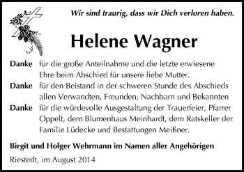 Traueranzeige von Helene Wagner von Mitteldeutsche Zeitung Sangerhausen