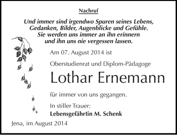 Traueranzeige von Lothar Ernemann von Mitteldeutsche Zeitung Halle/Saalkreis