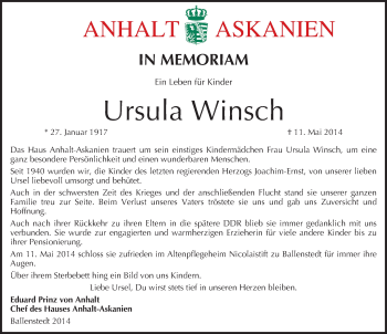 Traueranzeige von Ursula Winsch von Mitteldeutsche Zeitung Quedlinburg