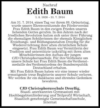 Traueranzeige von Edith Baum von Mitteldeutsche Zeitung Zeitz