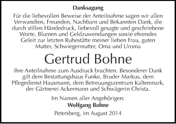 Traueranzeige von Gertrud Bohne von Mitteldeutsche Zeitung Halle/Saalkreis