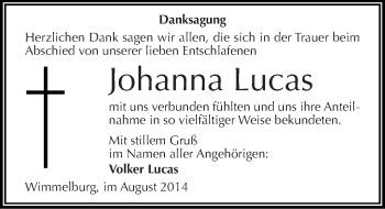 Traueranzeige von Johanna Lucas von Mitteldeutsche Zeitung Mansfelder Land