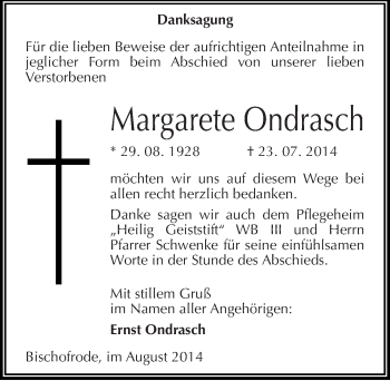 Traueranzeige von Margarete Ondrasch von Mitteldeutsche Zeitung Mansfelder Land