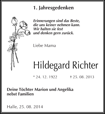 Traueranzeige von Hildegard Richter von Mitteldeutsche Zeitung Halle/Saalkreis