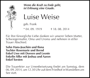 Traueranzeige von Luise Weise von Mitteldeutsche Zeitung Mansfelder Land