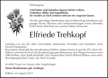 Traueranzeige von Elfriede Trehkopf von Mitteldeutsche Zeitung Köthen