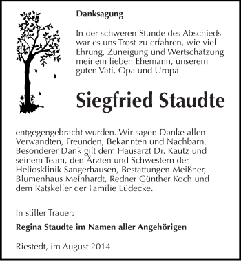 Traueranzeige von Siegfried Staudte von Mitteldeutsche Zeitung Sangerhausen