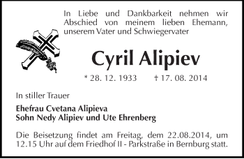 Traueranzeige von Cyril Alipiev von Mitteldeutsche Zeitung Bernburg