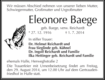 Traueranzeige von Eleonore Baege von Mitteldeutsche Zeitung Halle/Saalkreis