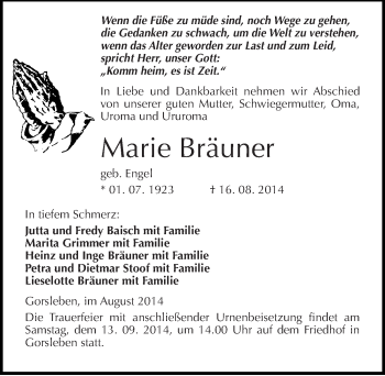 Traueranzeige von Marie Bräuner von Mitteldeutsche Zeitung Halle/Saalkreis