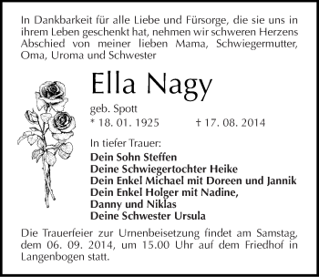 Traueranzeige von Ella Nagy von Mitteldeutsche Zeitung Halle/Saalkreis