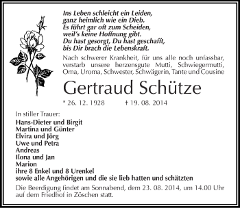 Traueranzeige von Gertraud Schütze von Mitteldeutsche Zeitung Merseburg/Querfurt