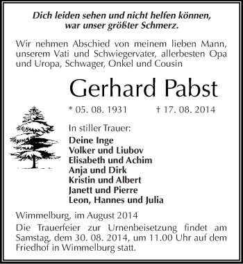 Traueranzeige von Gerhard Pabst von Mitteldeutsche Zeitung Mansfelder Land