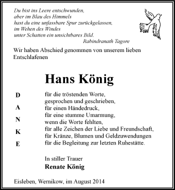 Traueranzeige von Hans König von Mitteldeutsche Zeitung Mansfelder Land