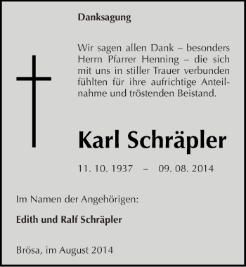Traueranzeige von Karl Schräpler von Mitteldeutsche Zeitung Bitterfeld