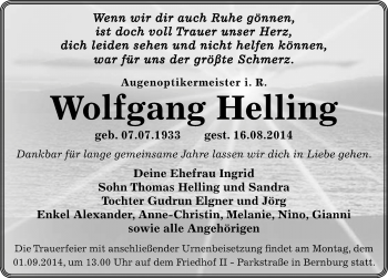 Traueranzeige von Wolfgang Helling von Mitteldeutsche Zeitung Bernburg