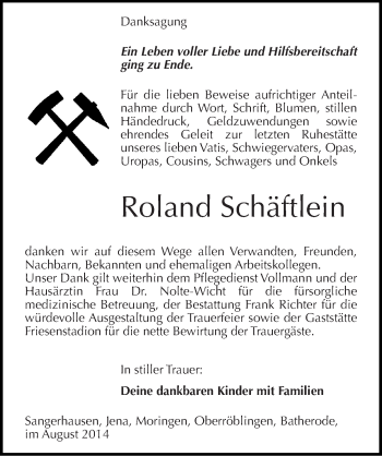 Traueranzeige von Roland Schäftlein von Mitteldeutsche Zeitung Sangerhausen